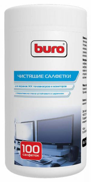 Салфетки Buro BU-Tscrl для экранов ЭЛТ мониторов/плазменных/ЖК телевизоров/мониторов с покрытием из стекла туба 100шт влажных